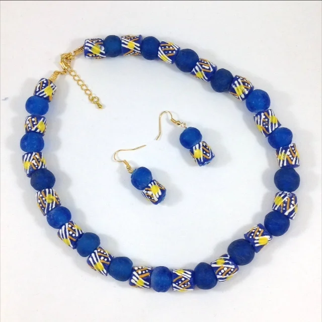blue wihite stripe design krobo glass bead Ghana necklace and earrings