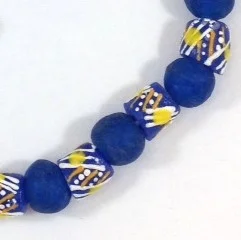 blue white stripe design krobo glass bead Ghana necklace detail
