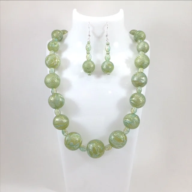 green mokume gane polymer clay bead necklace and earrings