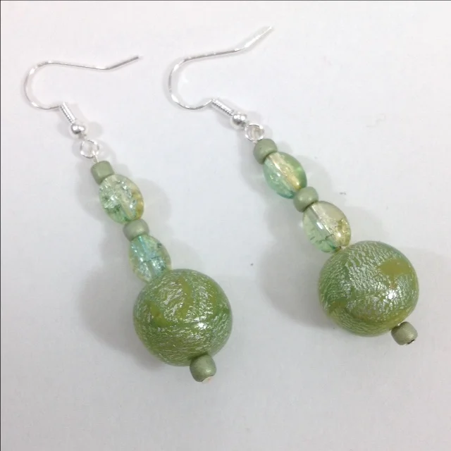 green mokume gane polymer clay bead earrings