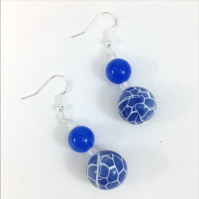 Blue White polymer clay bead earrings