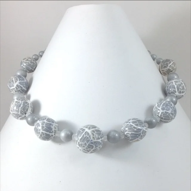 Grey White polymer clay bead necklace