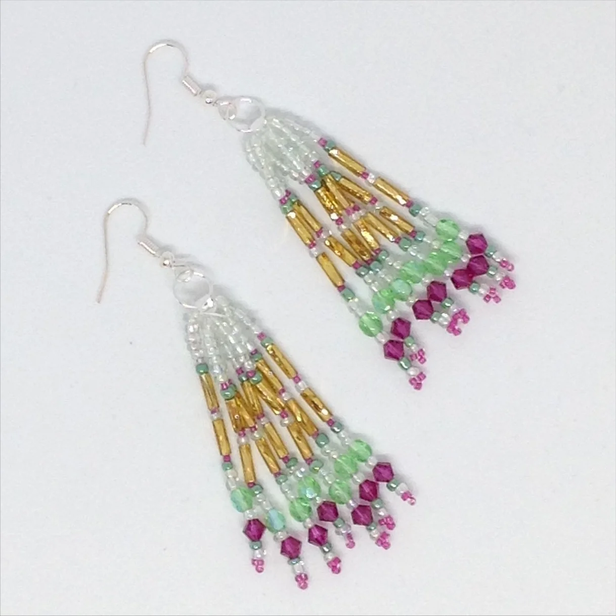 Seed bead tassel earrings gold pink green