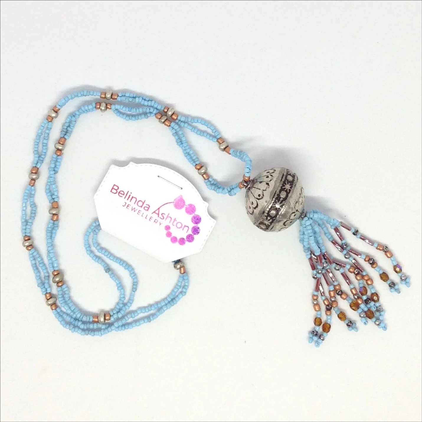 Morrocan silver bead tassel necklace
