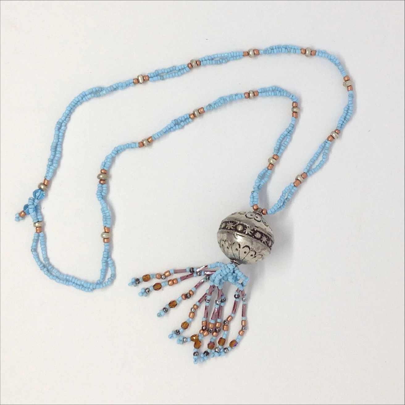Morrocan silver bead tassel necklace