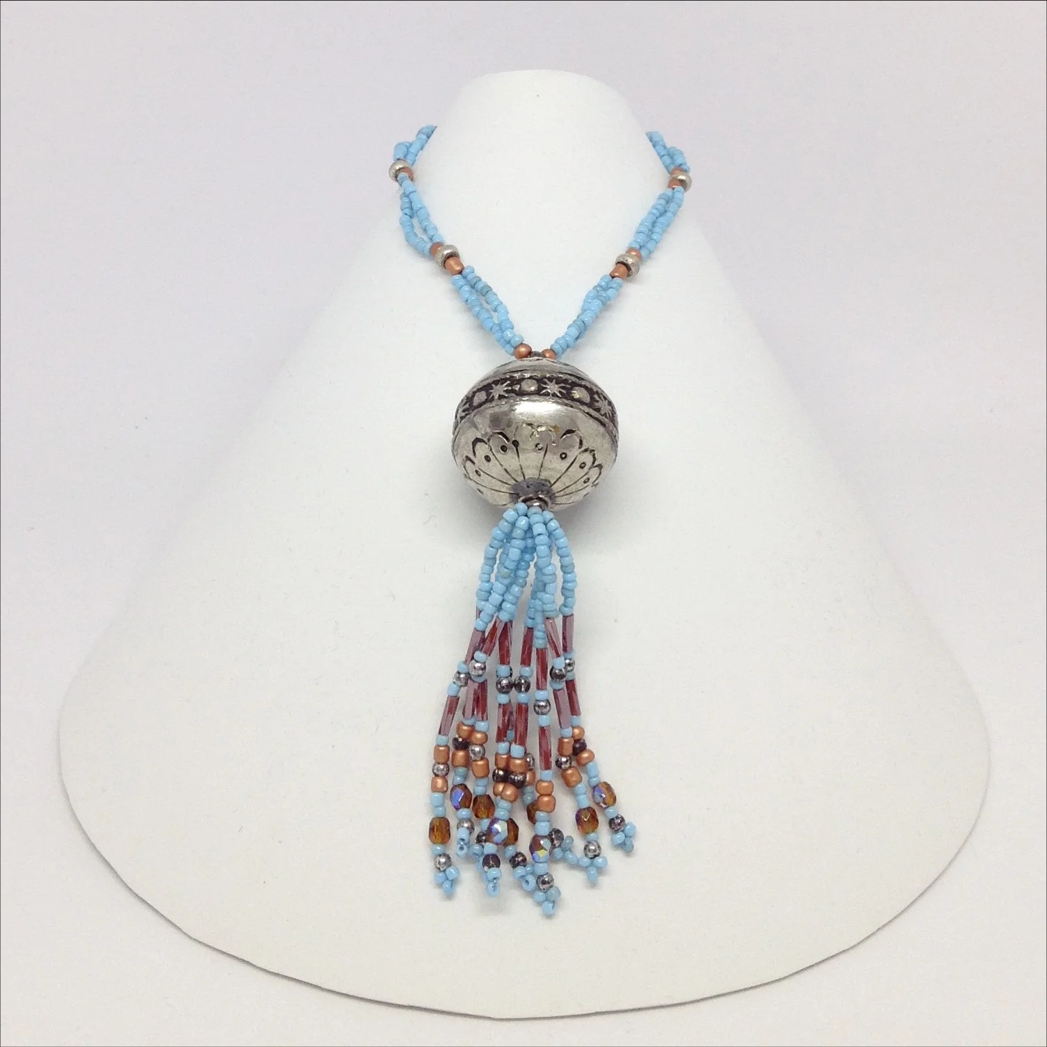 Morrocan silver bead seed bead tassel necklace