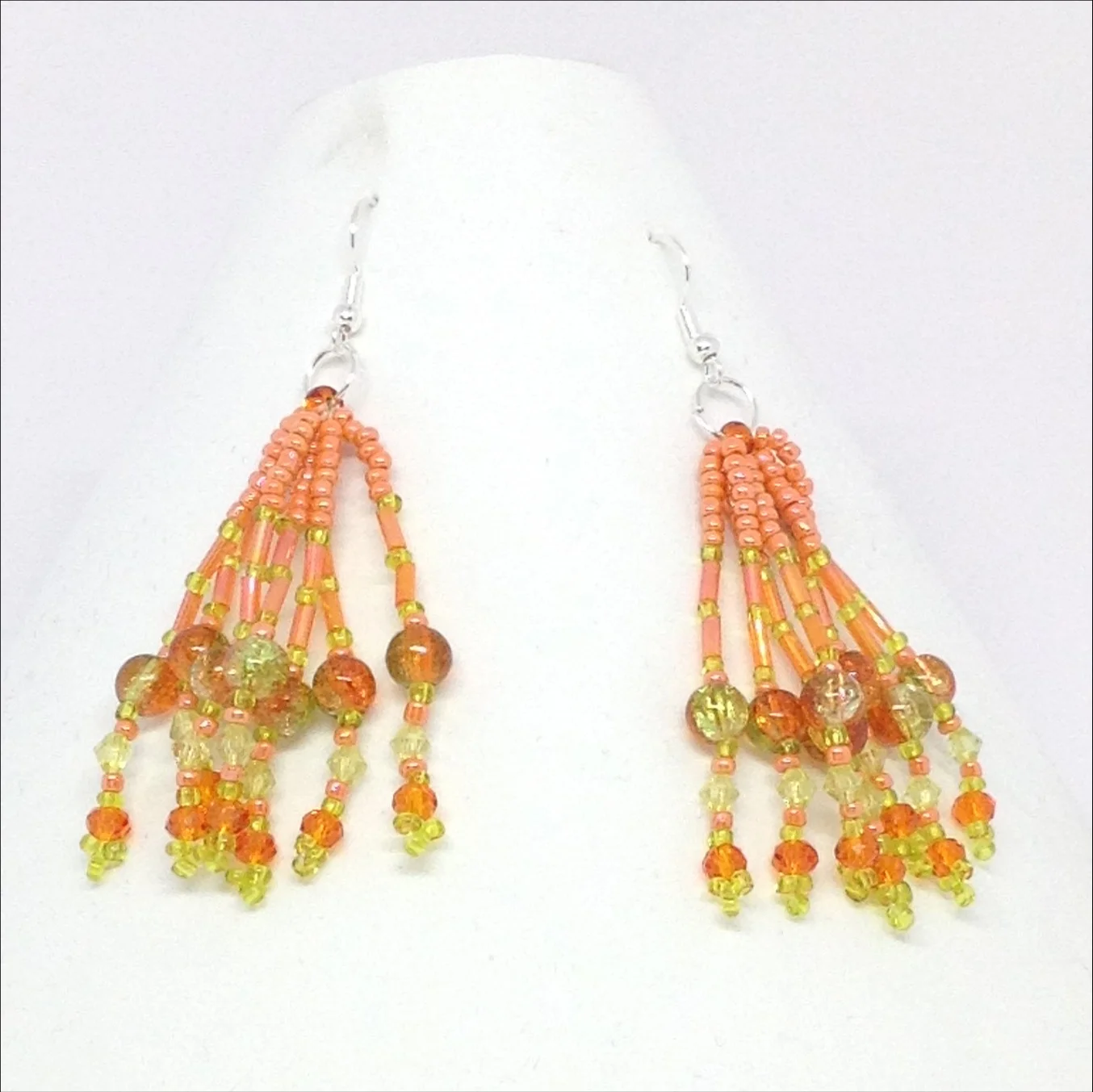 Orange green seed bead tassel earrings