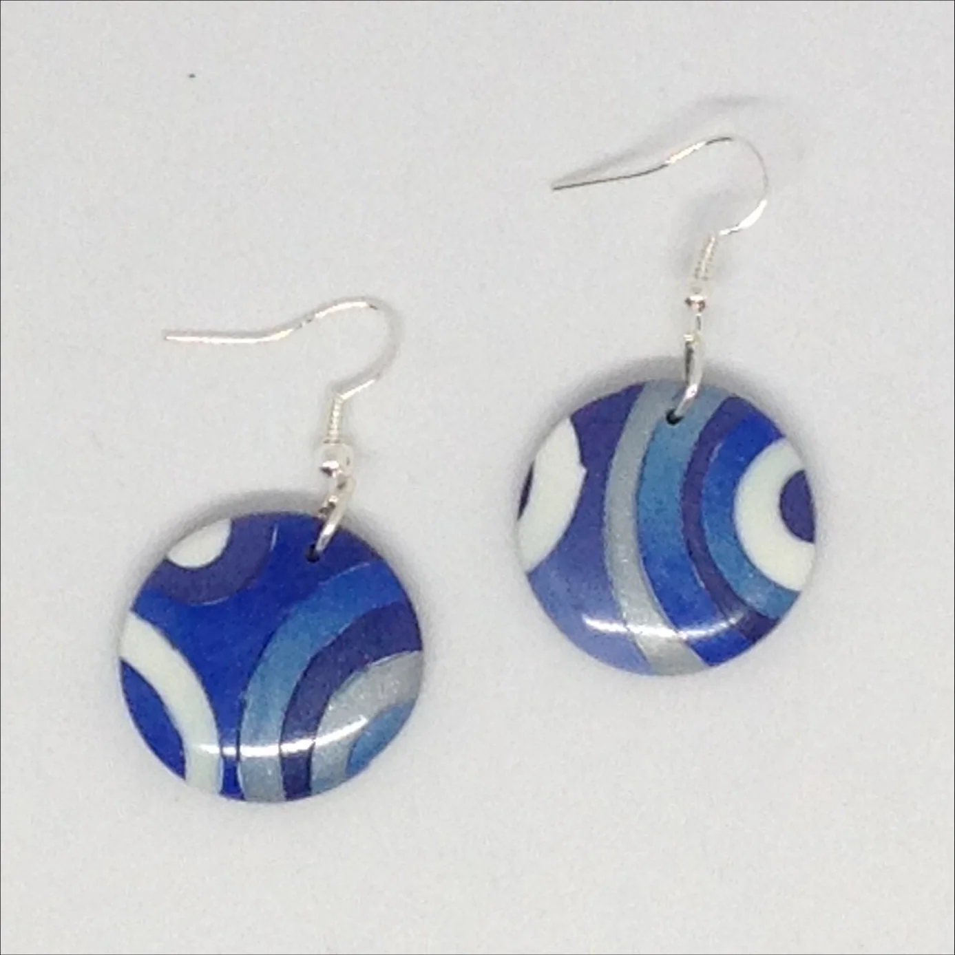 Blue and white patterned polymer clay round earrings