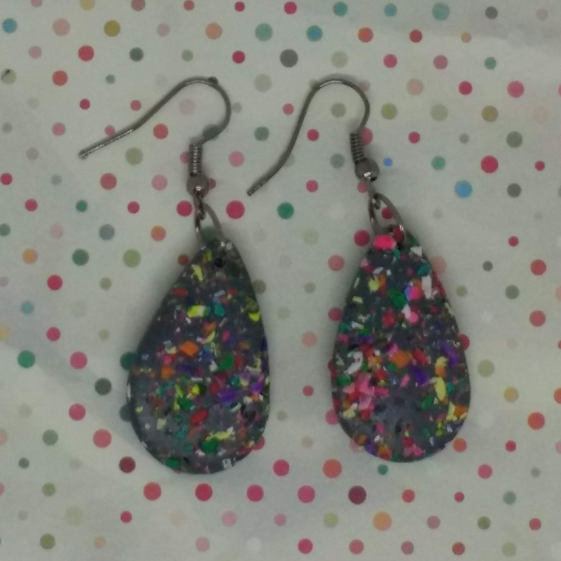 Teardrop shape grey polymer clay terazzo design earrings