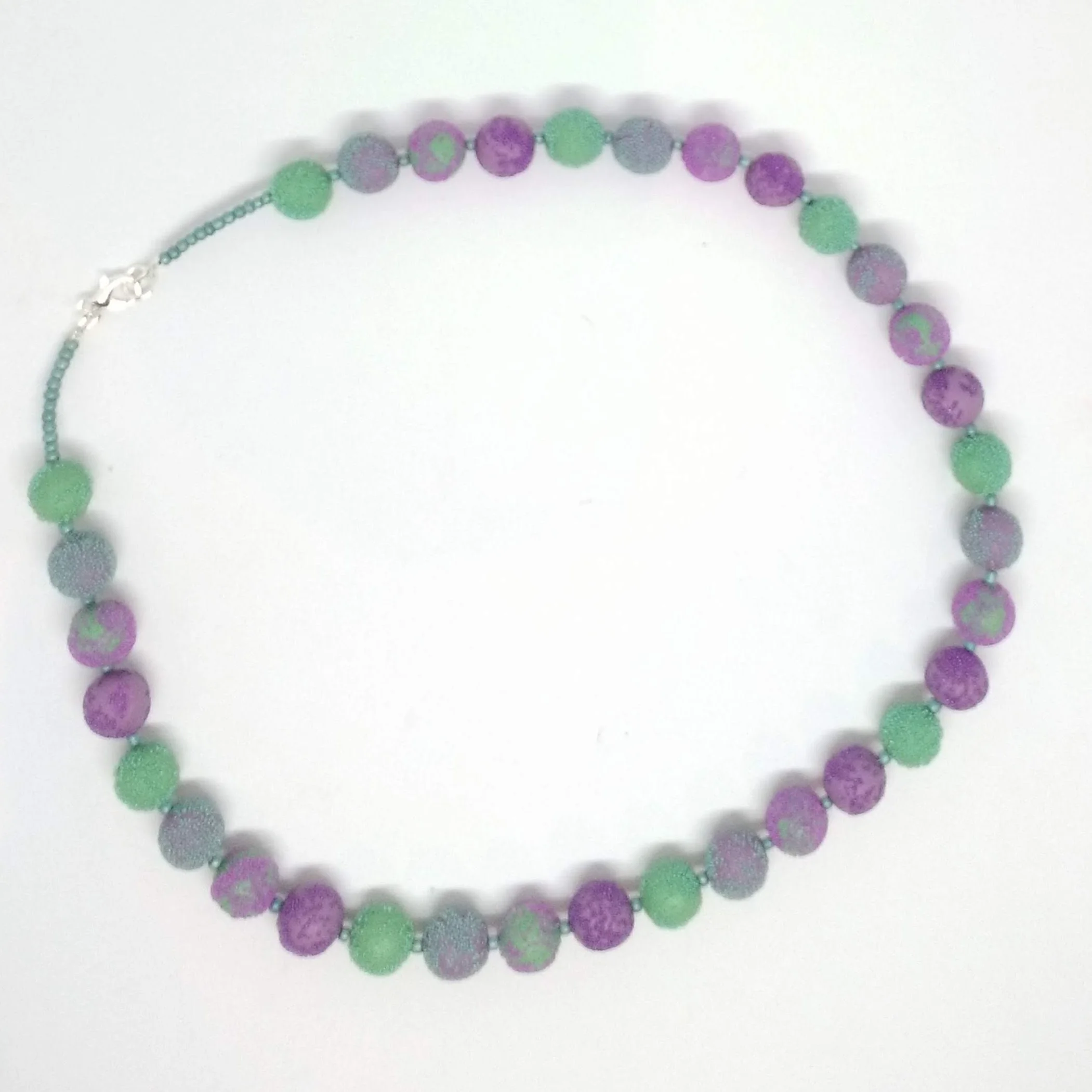 Green and purple polymer clay bead necklace