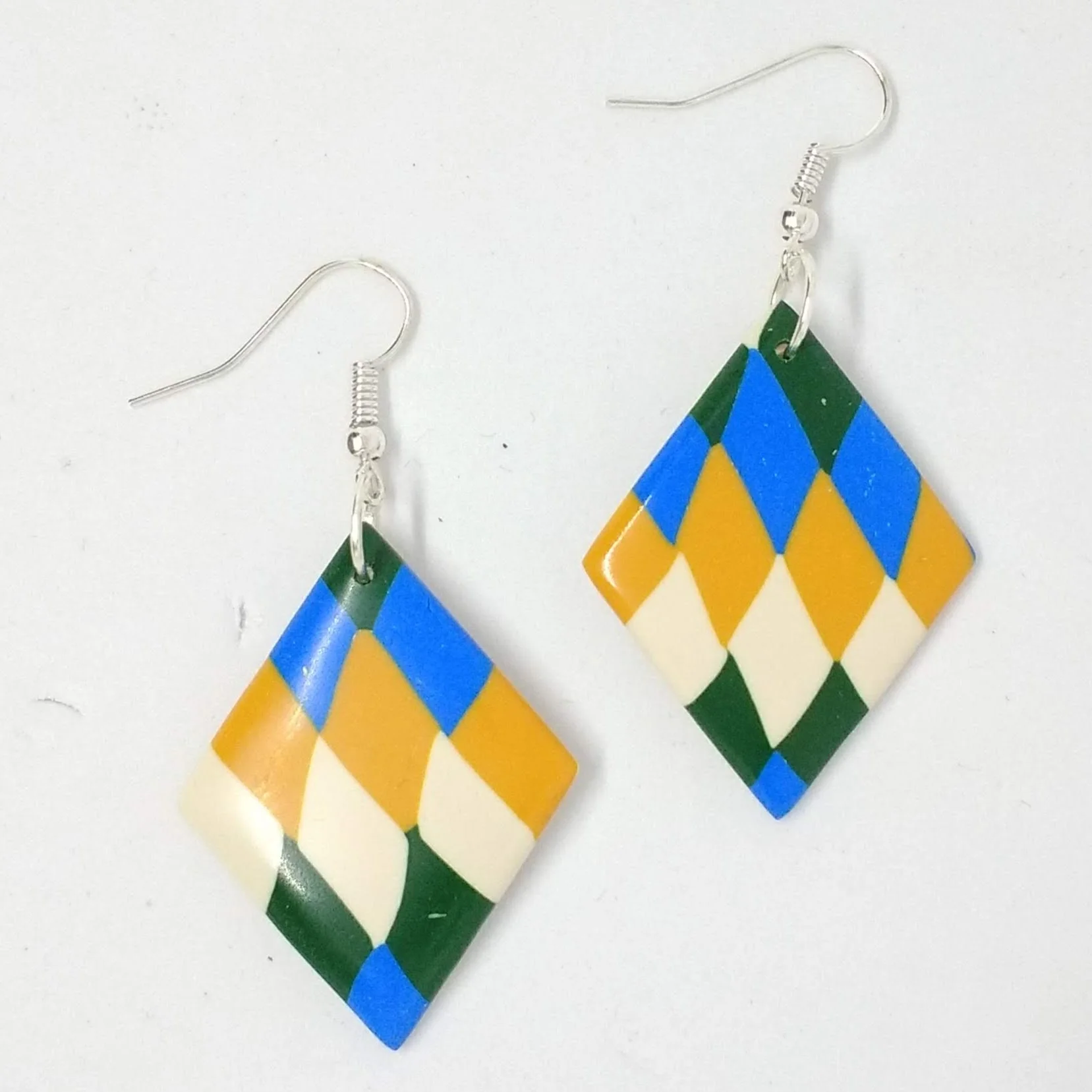 Polymer clay earrings blue green yellow white pattern diamond shape