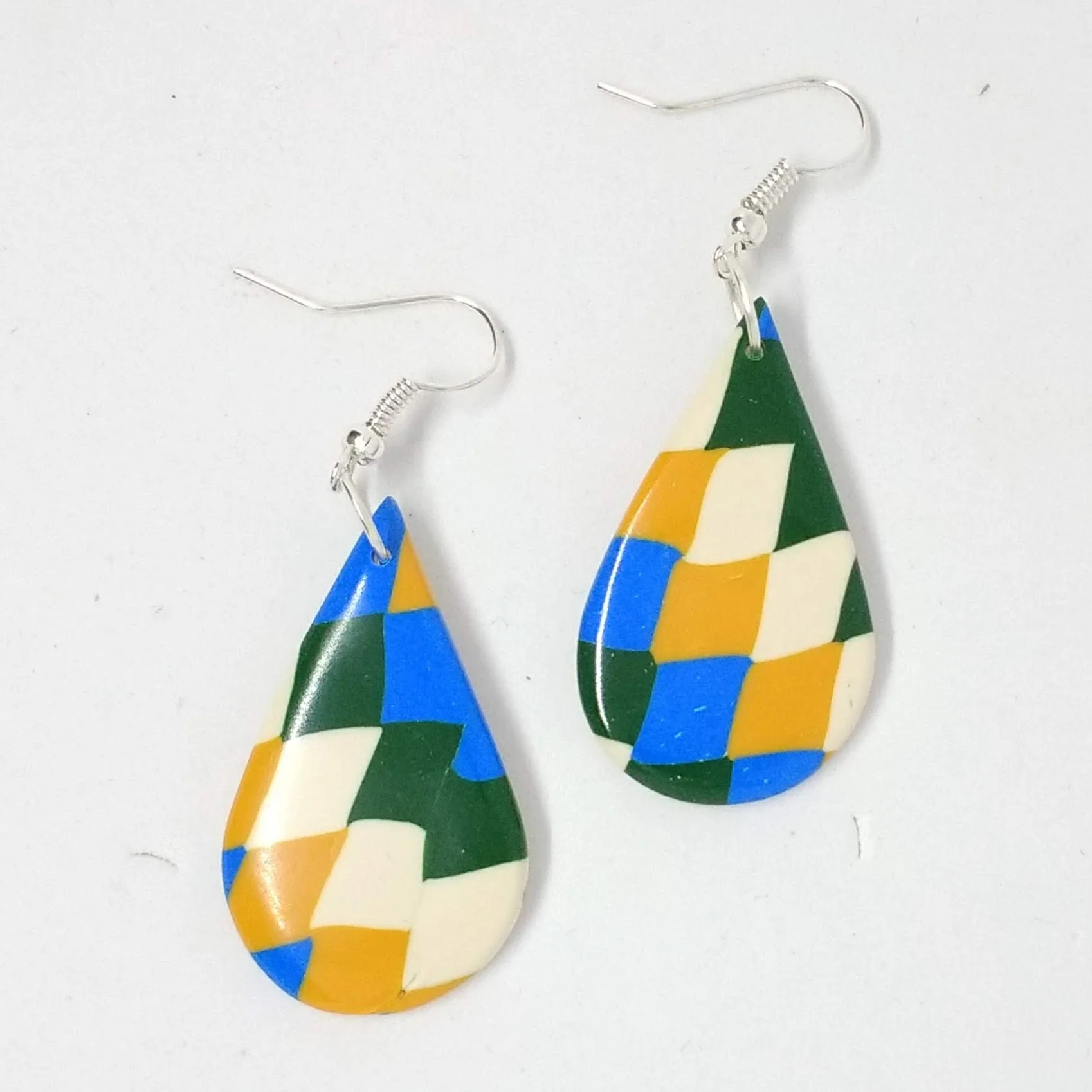 Polymer clay earrings blue green yellow white pattern teardrop shape