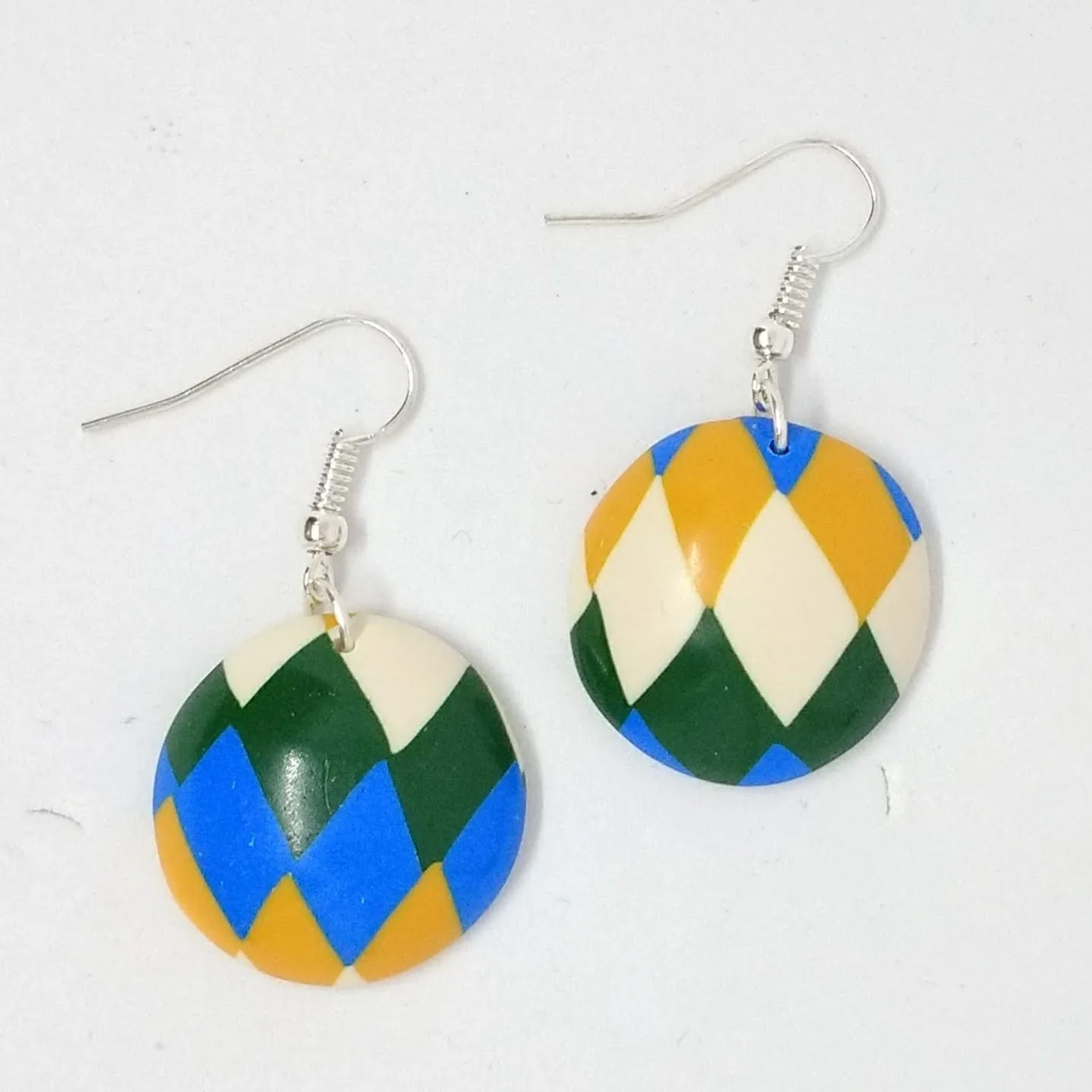 Polymer clay earrings blue green yellow white pattern round shape