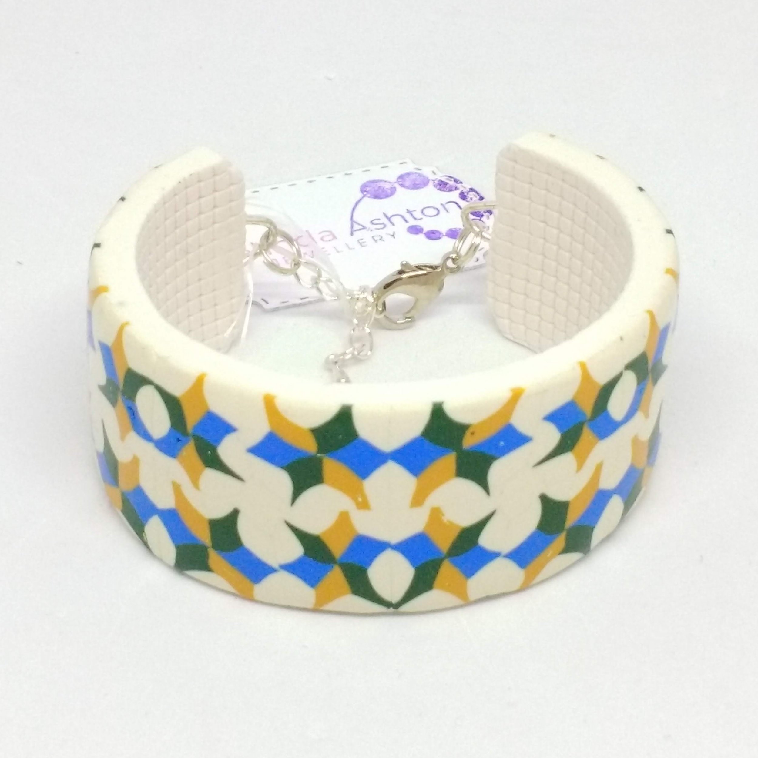 Polymer clay bracelet white blue green yellow pattern