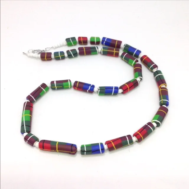 Polymer clay tartan design long bead necklace coiled