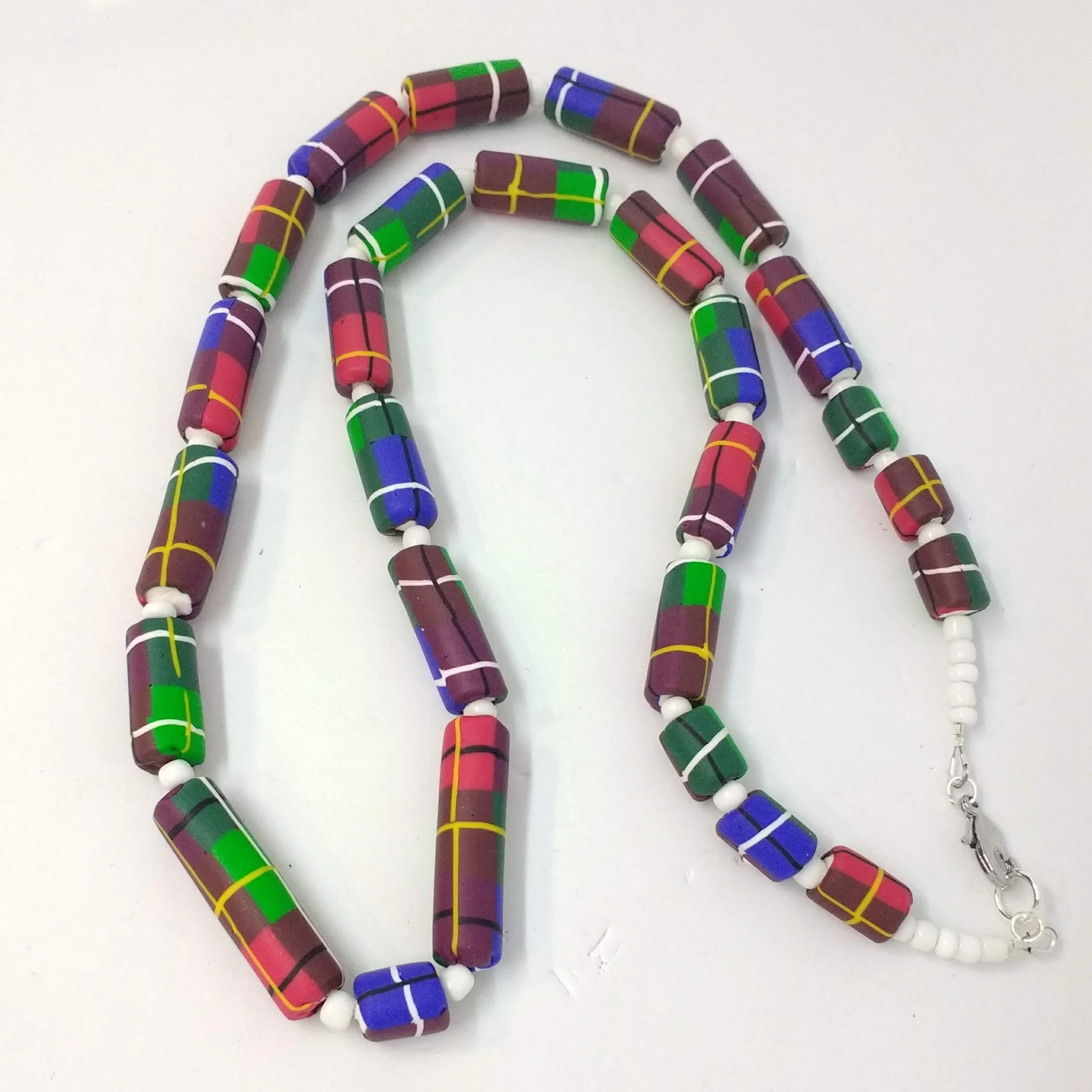 Polymer clay tartan design long bead necklace