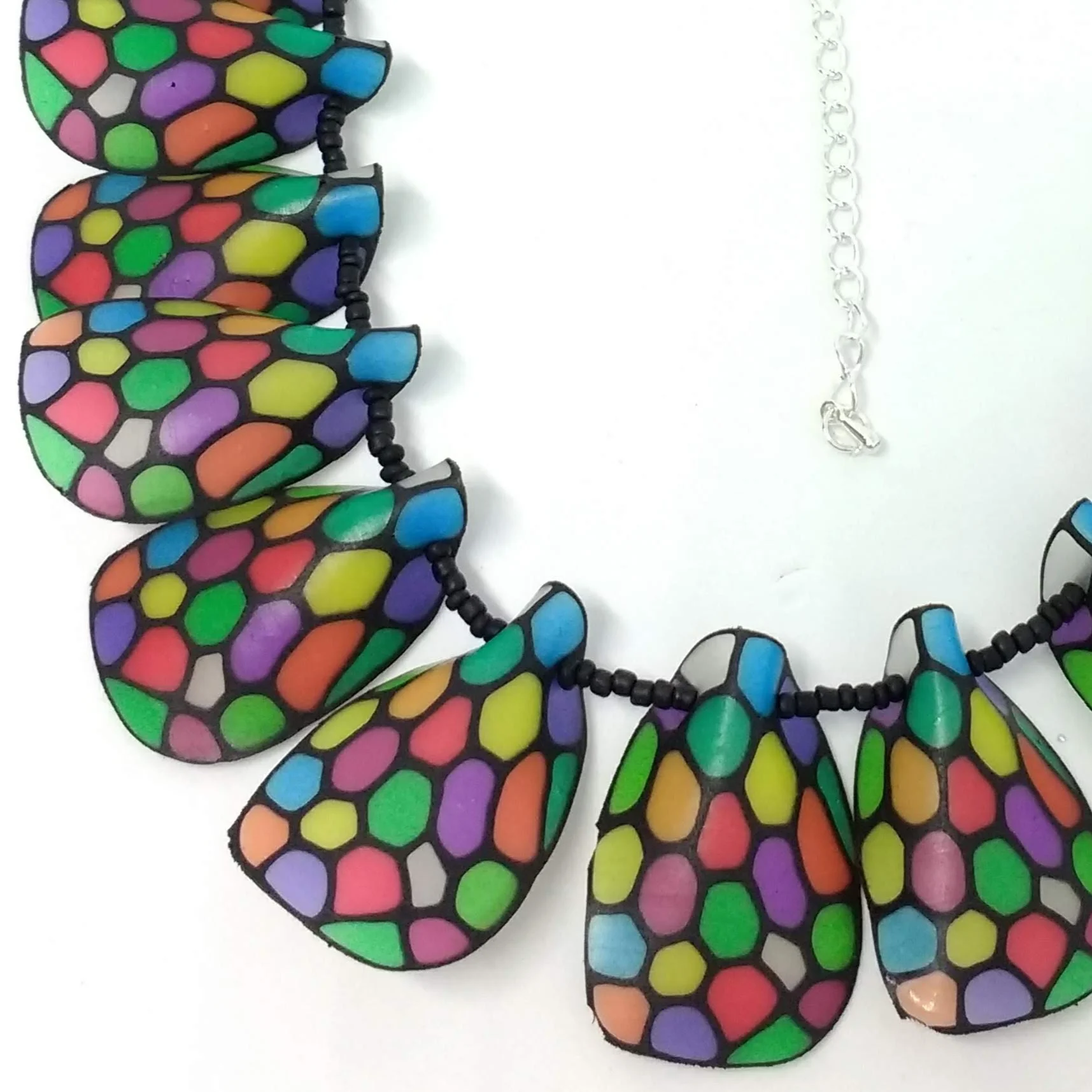 Polymer clay multicolour petal shapes necklace front detail