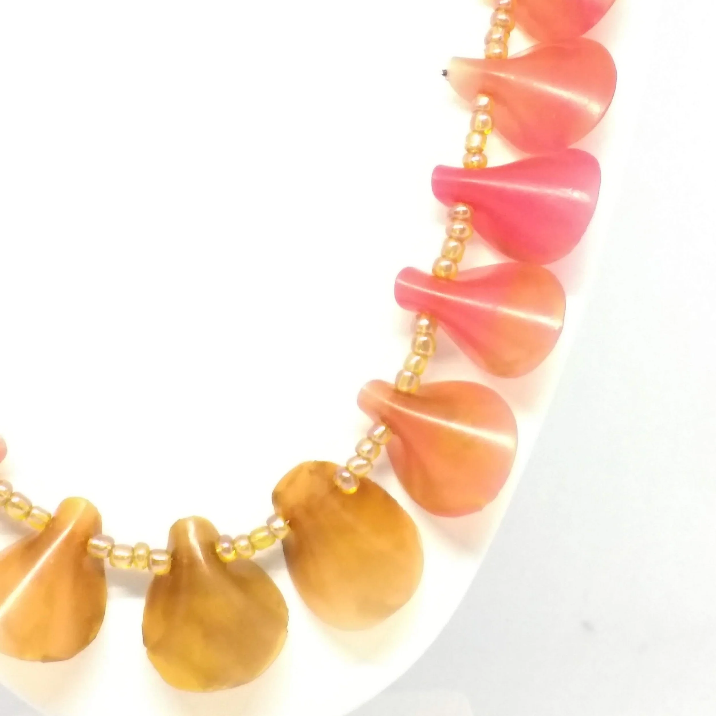 Polymer clay autumn colour petal shapes necklace front colour graduation