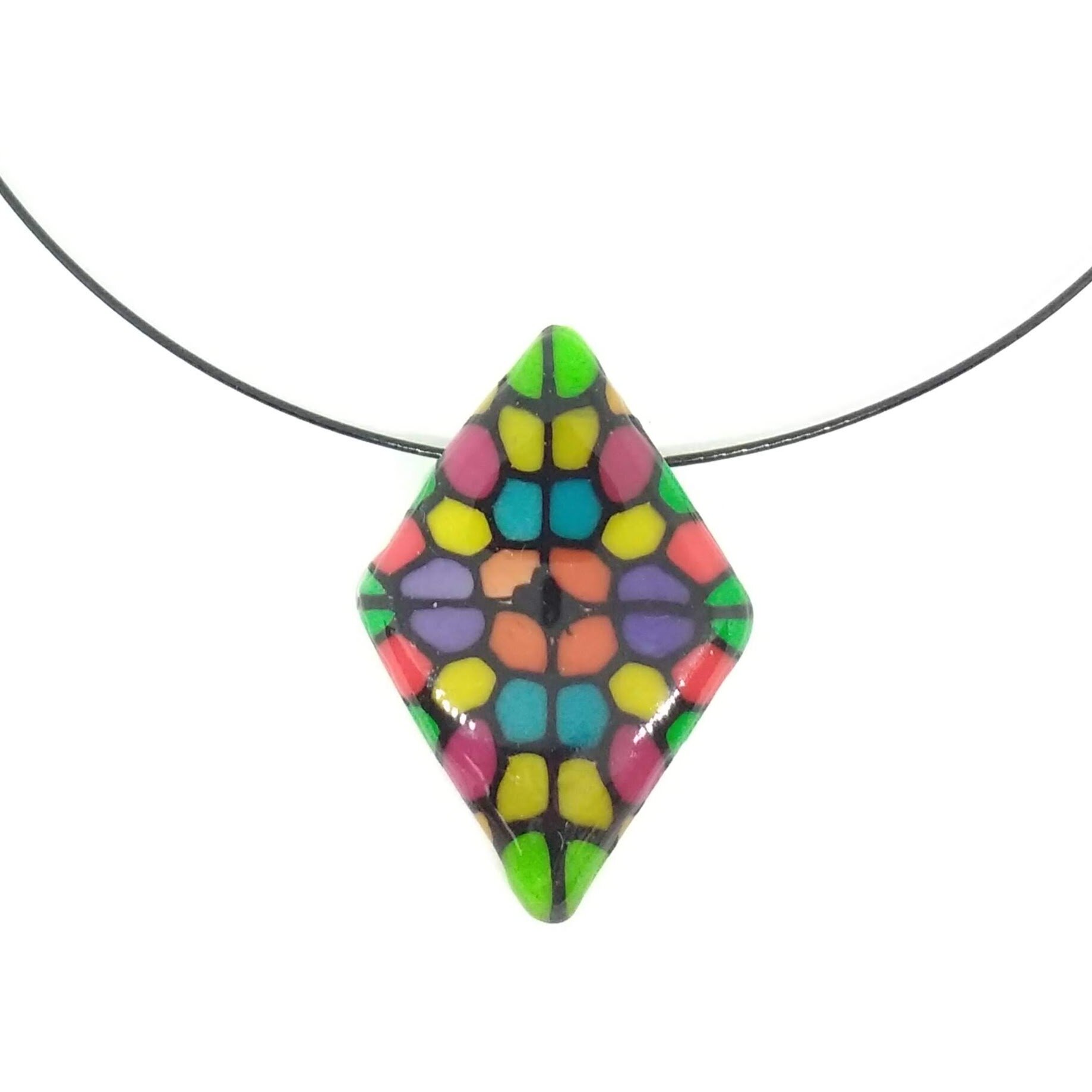 'Stained Glass' Polymer clay pendant diamond shape