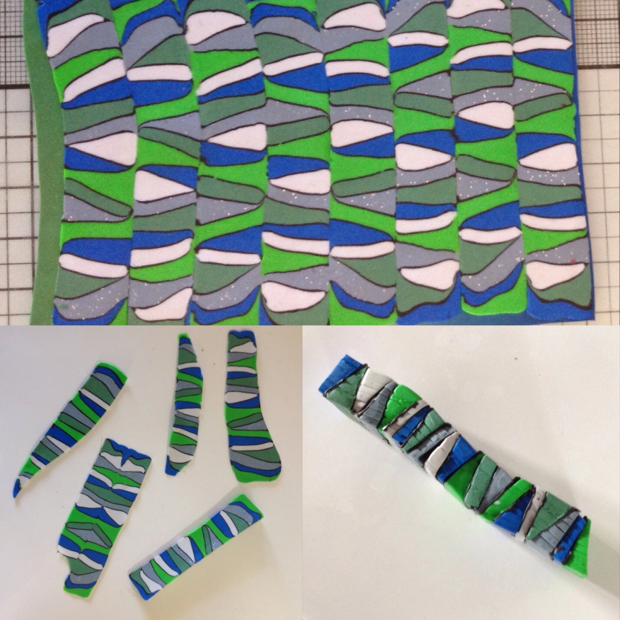 Blue, green, grey, white patterned polymer clay design stages