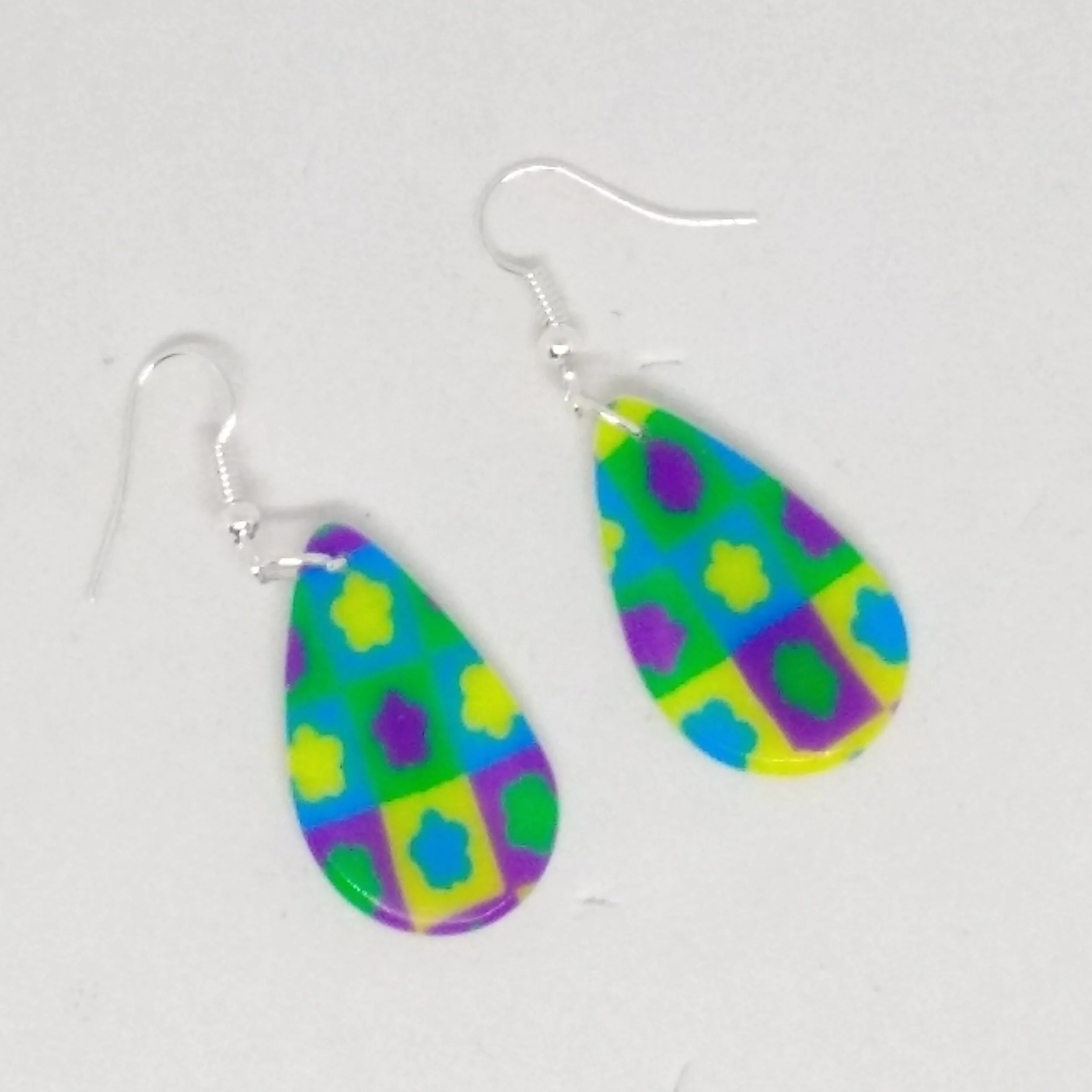 Polymer clay multi colour flower patchwork earrings teardrop shapel