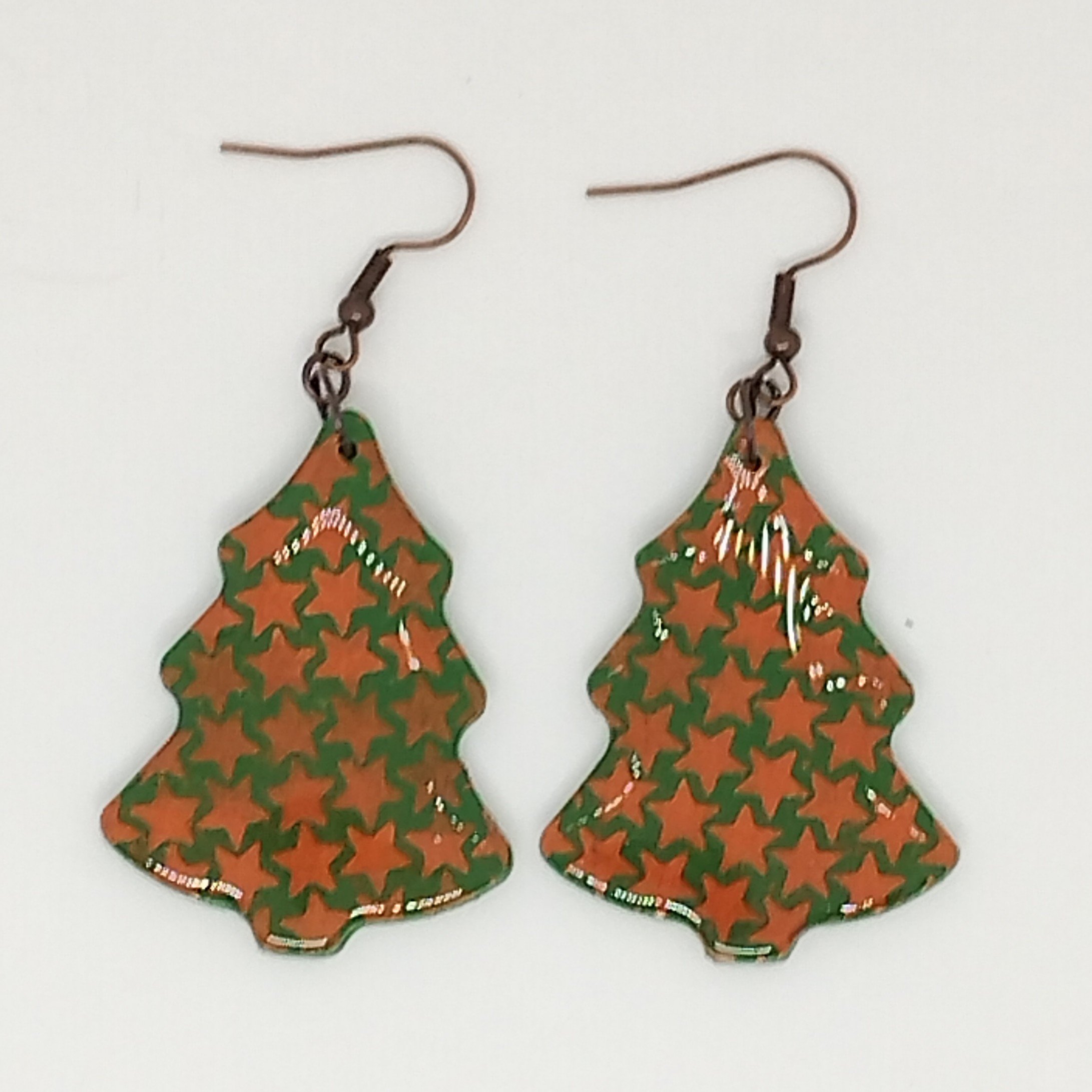 Bronze star decorated Christmas tree shape polymer clay earrings