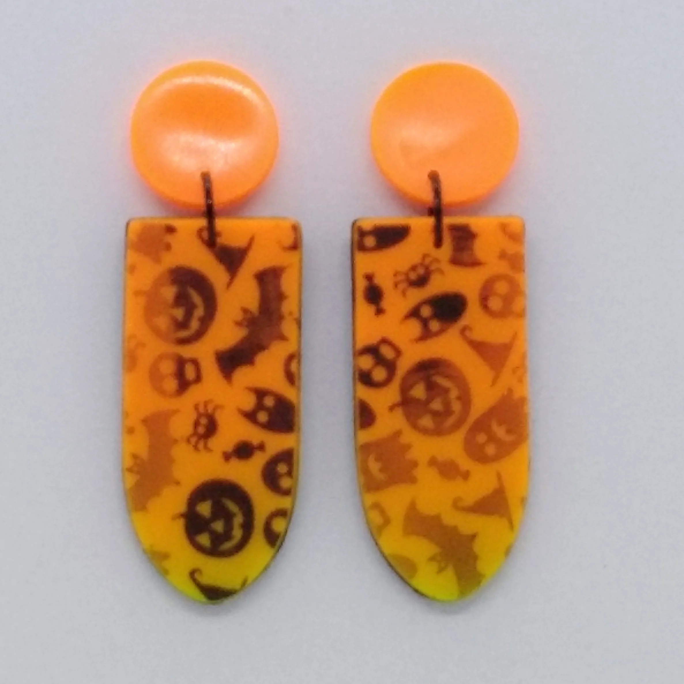 Orange large tombstone drop shape halloween design earrings