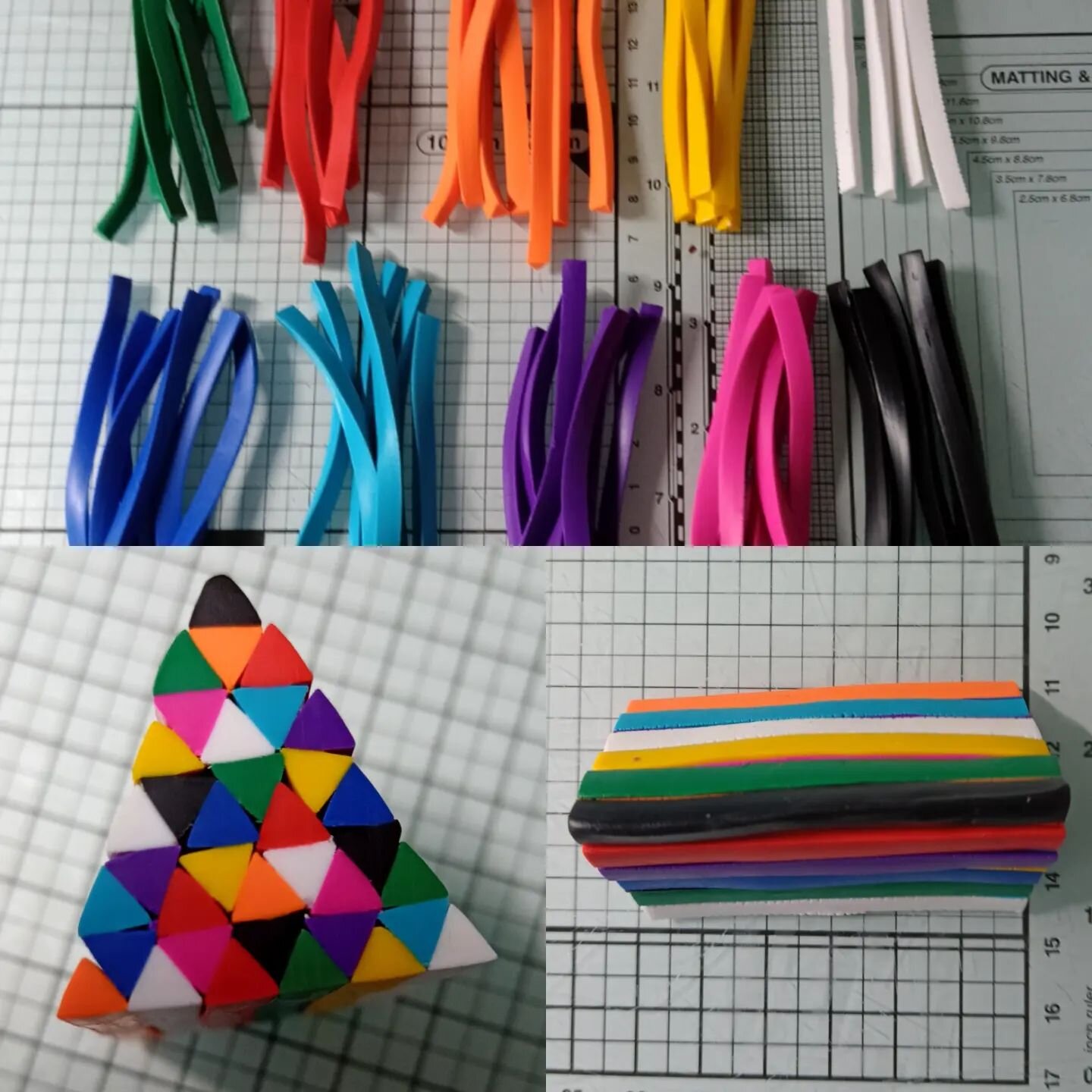 This is progress so far.  I have made a cane with some of the coloured extruded triangles and am now waiting for it to rest before I slice it up.  It already looks good I think. 

I'm planning to make some earrings, pendants and perhaps a bracelet.

