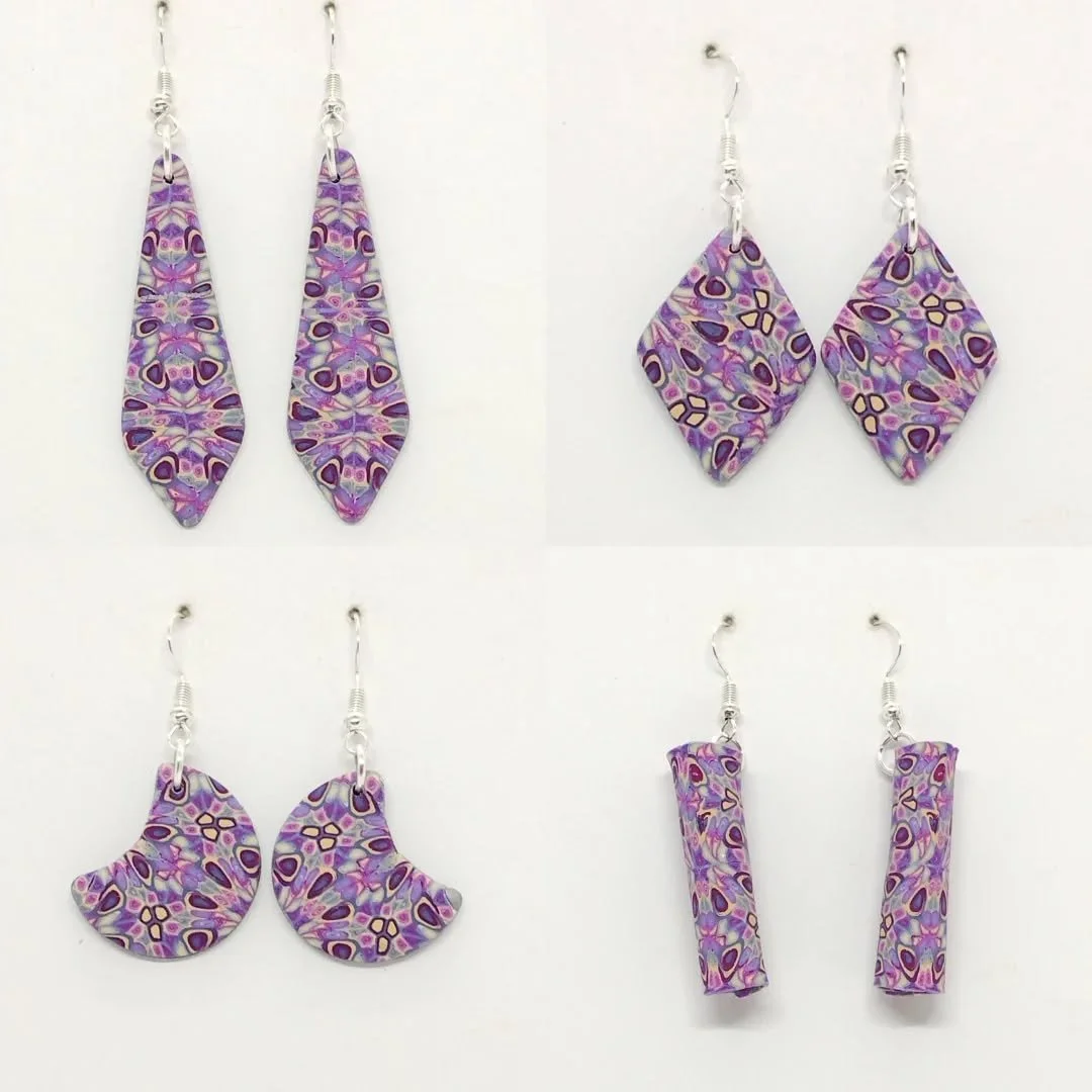 Some of the new earrings using the kaleidoscope cane I made using Lisa Clarke's tutorial. 

This is the purple version and I also have a brown, a green and a red version.  I am waiting for some inspiration before I choose what colours to use next.

#