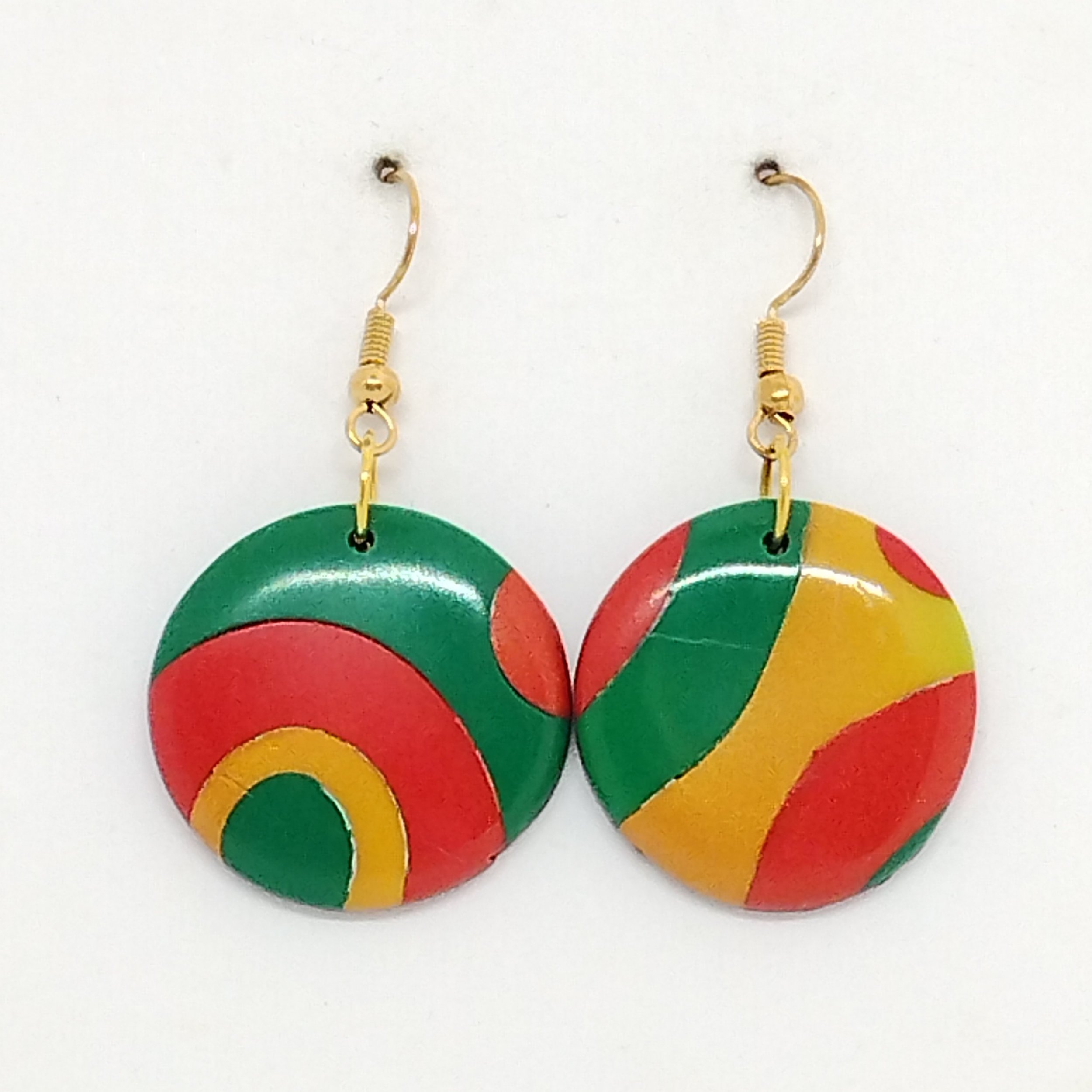 red and green pattern round polymer clay earrings