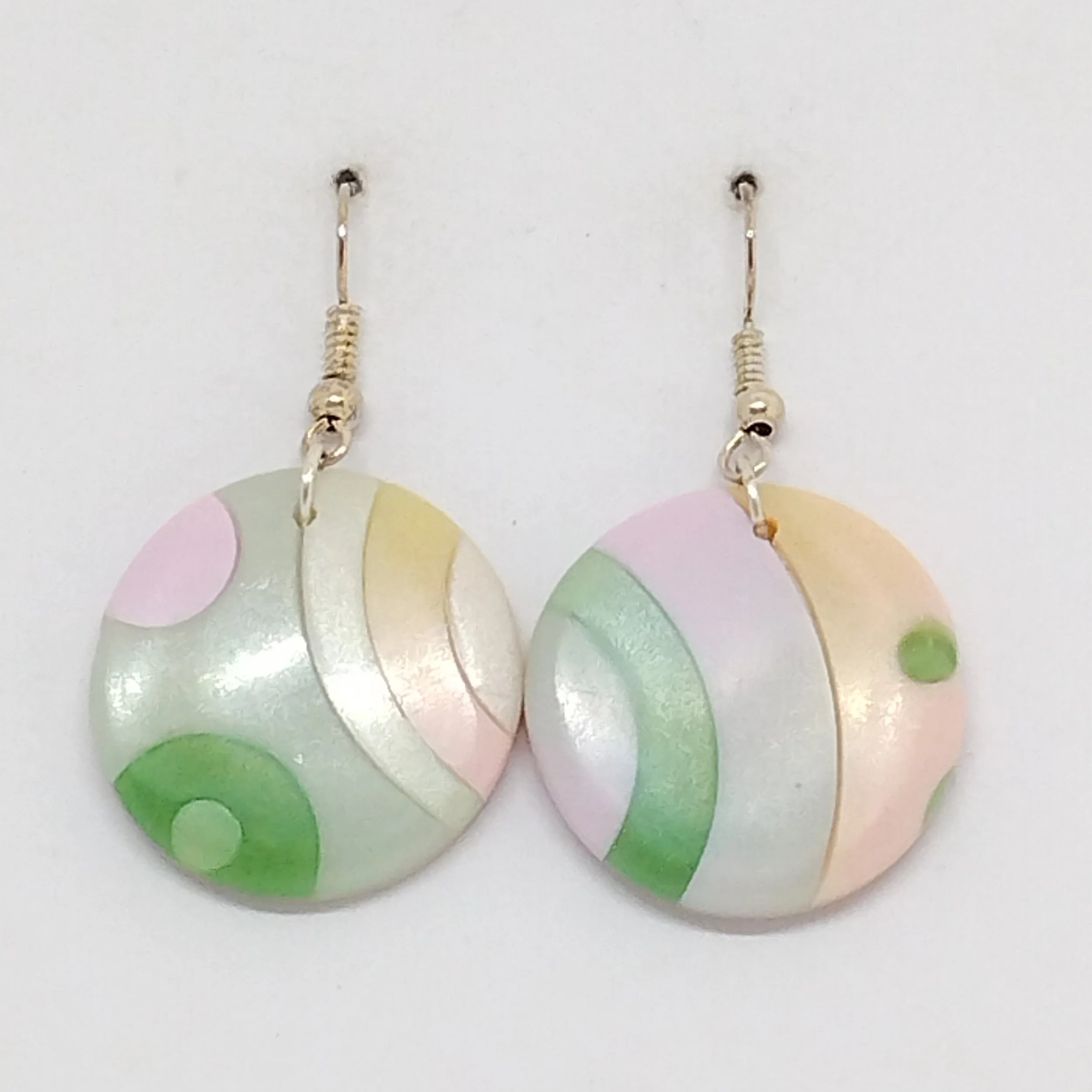 pale green and pink pattern round polymer clay earrings