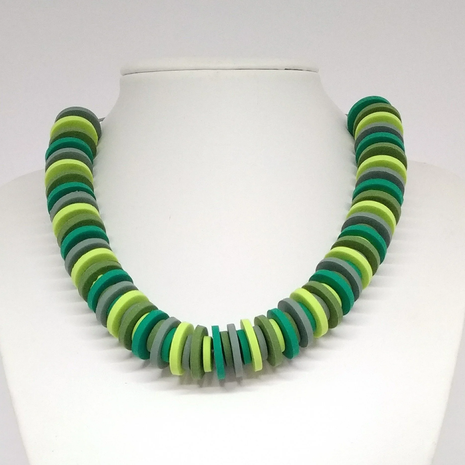 Green shades polymer clay disc bead necklace