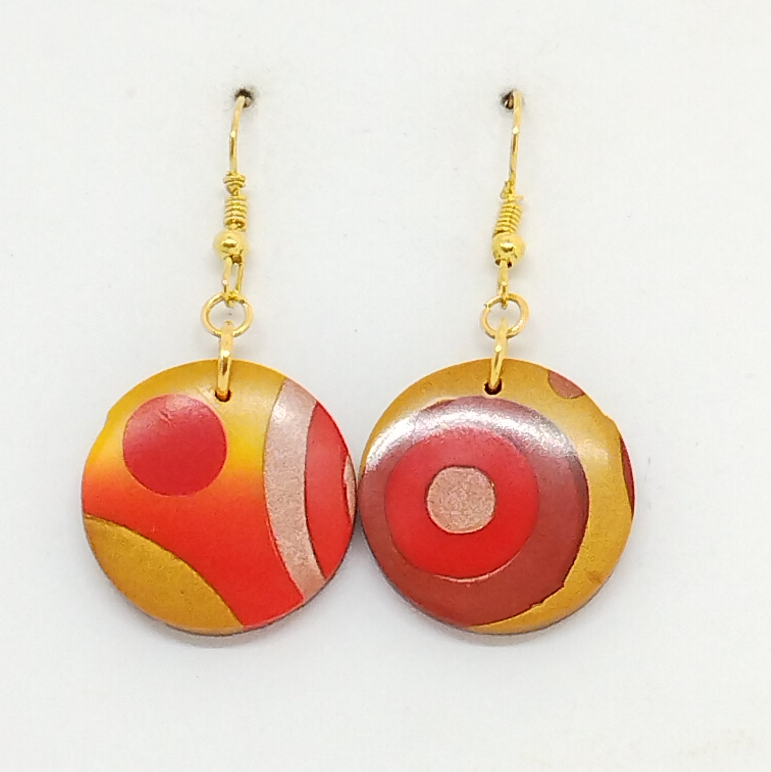red and gold pattern round polymer clay earrings