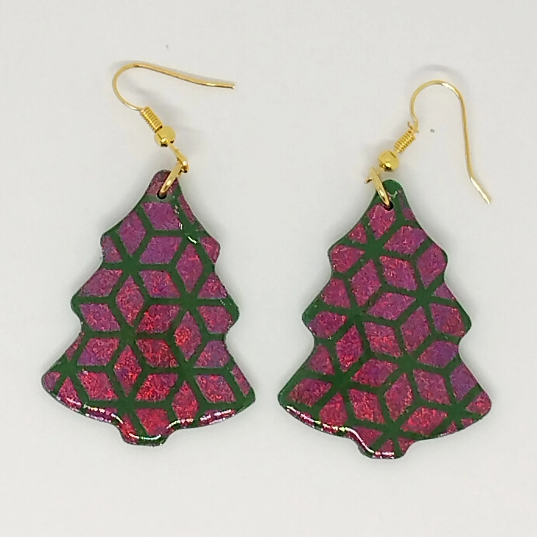 Purple decorated Christmas tree shape polymer clay earrings
