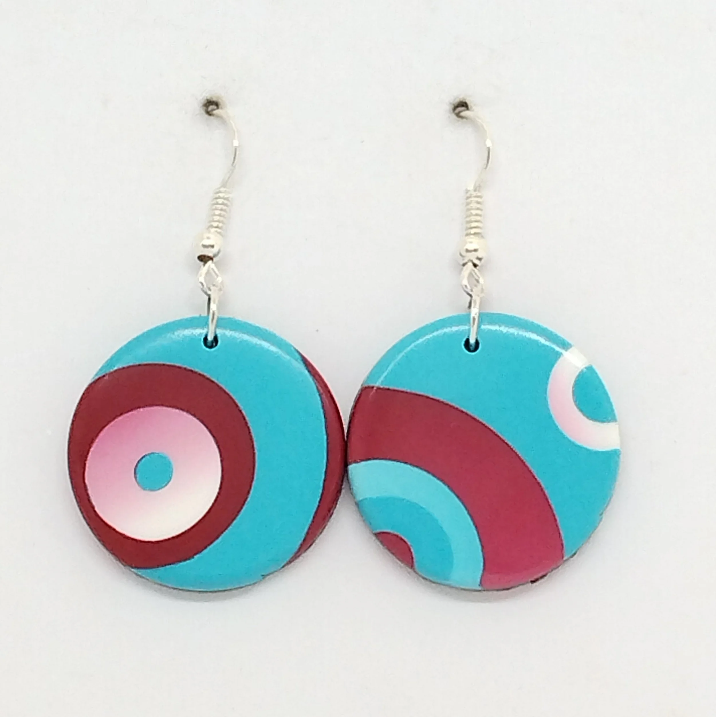 turquoise and burgundy pattern round polymer clay earrings