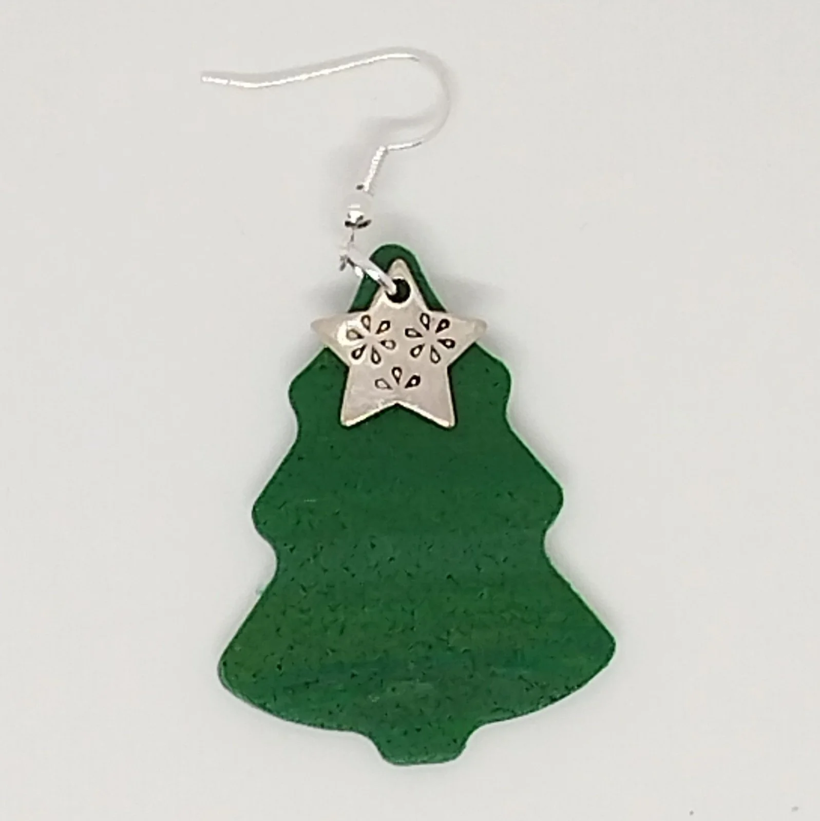 Silver star Christmas Tree shape green polymer clay earrings