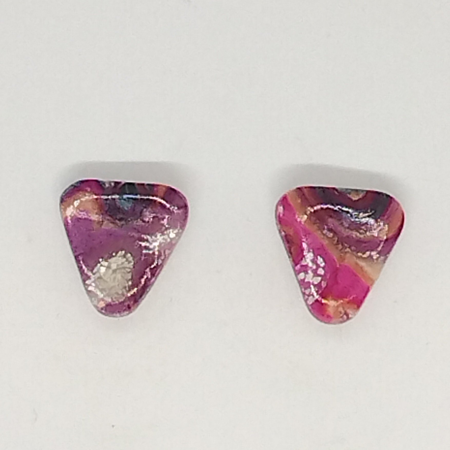 pink triangle shape patterned polymer clay stud earrings
