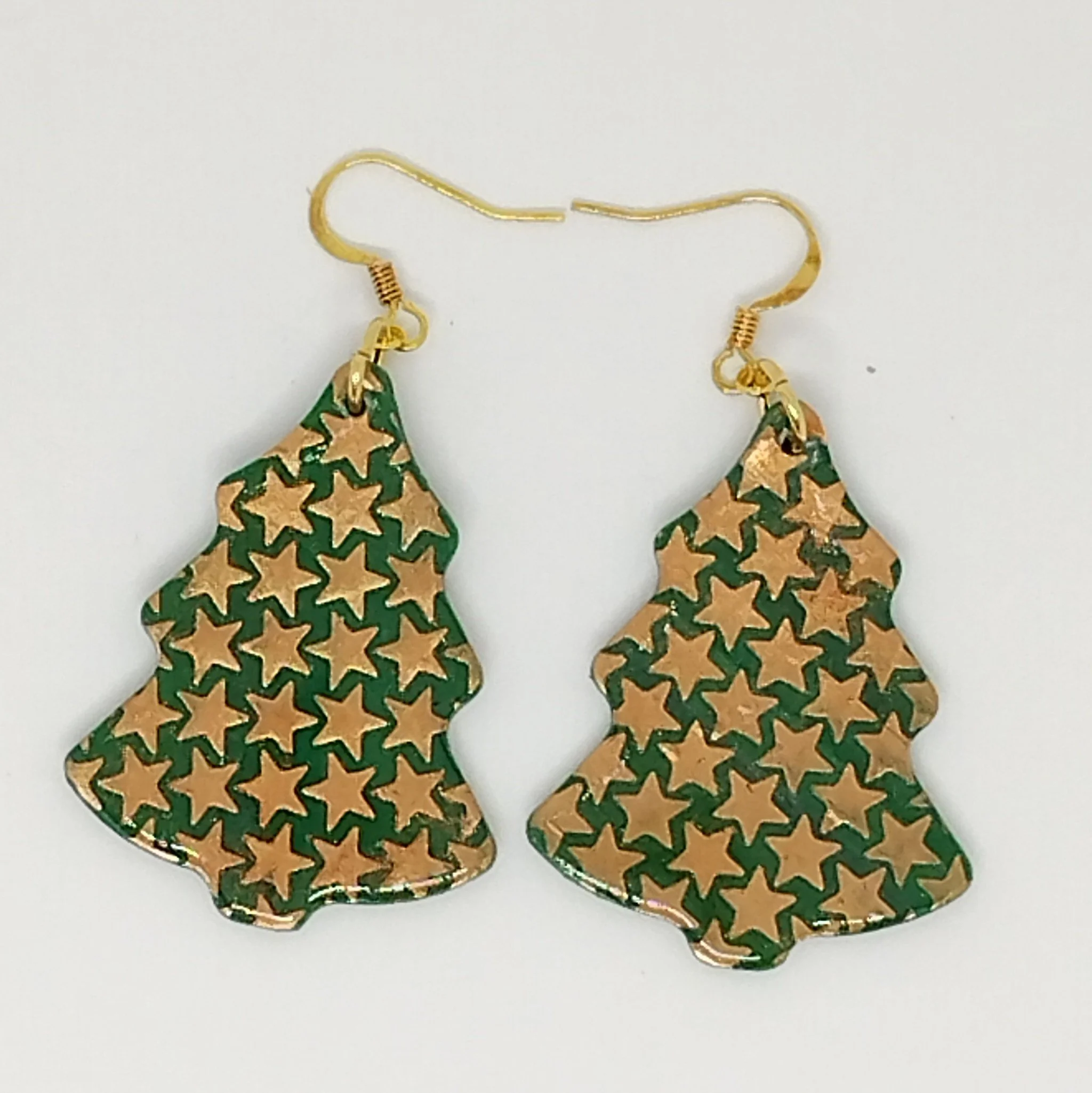 Gold star decorated Christmas tree shape polymer clay earrings
