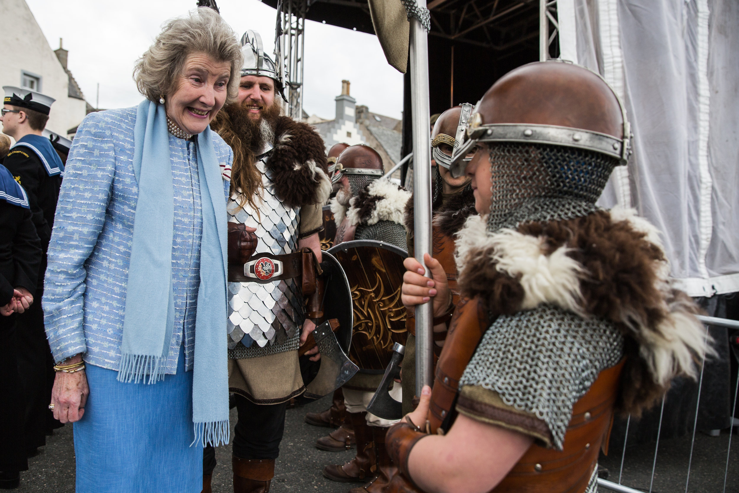  Lord Lieutenant of Banffshire Clare Russell meets vikings from the Lerwick jarl squad at Portsoy Traditional Boat Festival. 