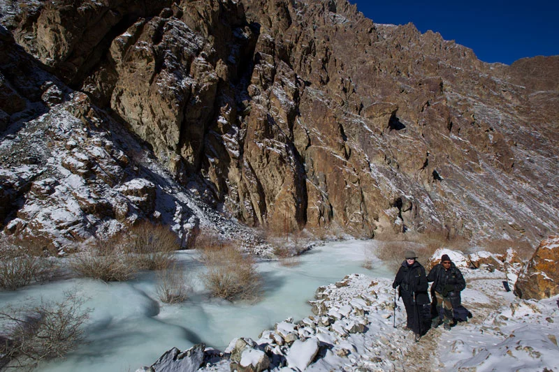 Catherine trekking through the icy valleys of Hermis National Park in search of Snow Leopards.