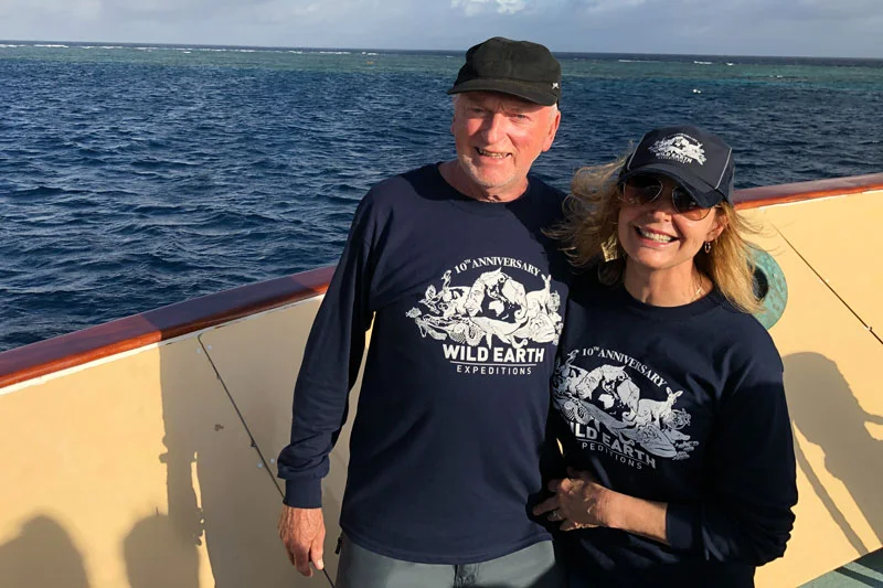 Frank and Wendy happy after their exceptional in-water encounter with 30 plus Minke whales on the Great Barrier Reef.