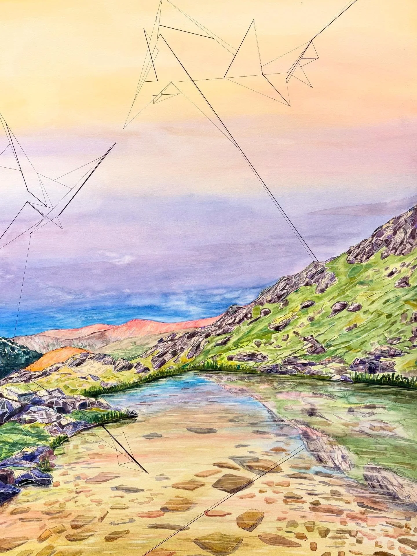 Reflecting
Watercolor and ink on paper
42&rdquo;X30&rdquo;

&bull;
This piece is inspired by a moment by a high alpine lake I camped at near independence pass!
Love summer colors!! 

Available and on display in my studio. 

#watercolor #alpinelake #c