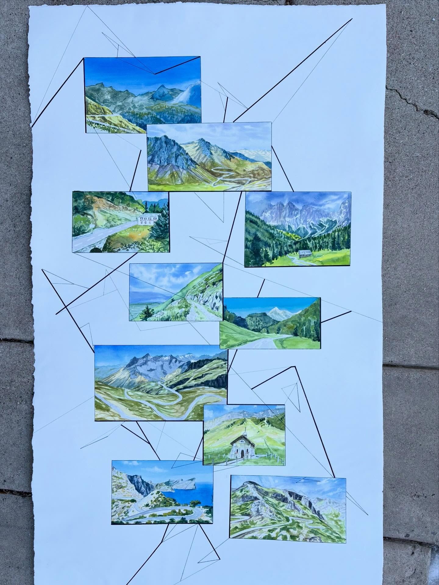 Such a fun commission! Last year before the holidays I got to create this piece for a couple featuring glimpses into their incredible journeys through Europe over the years on a tandem bike! It makes me so happy to get to create a painting that is in