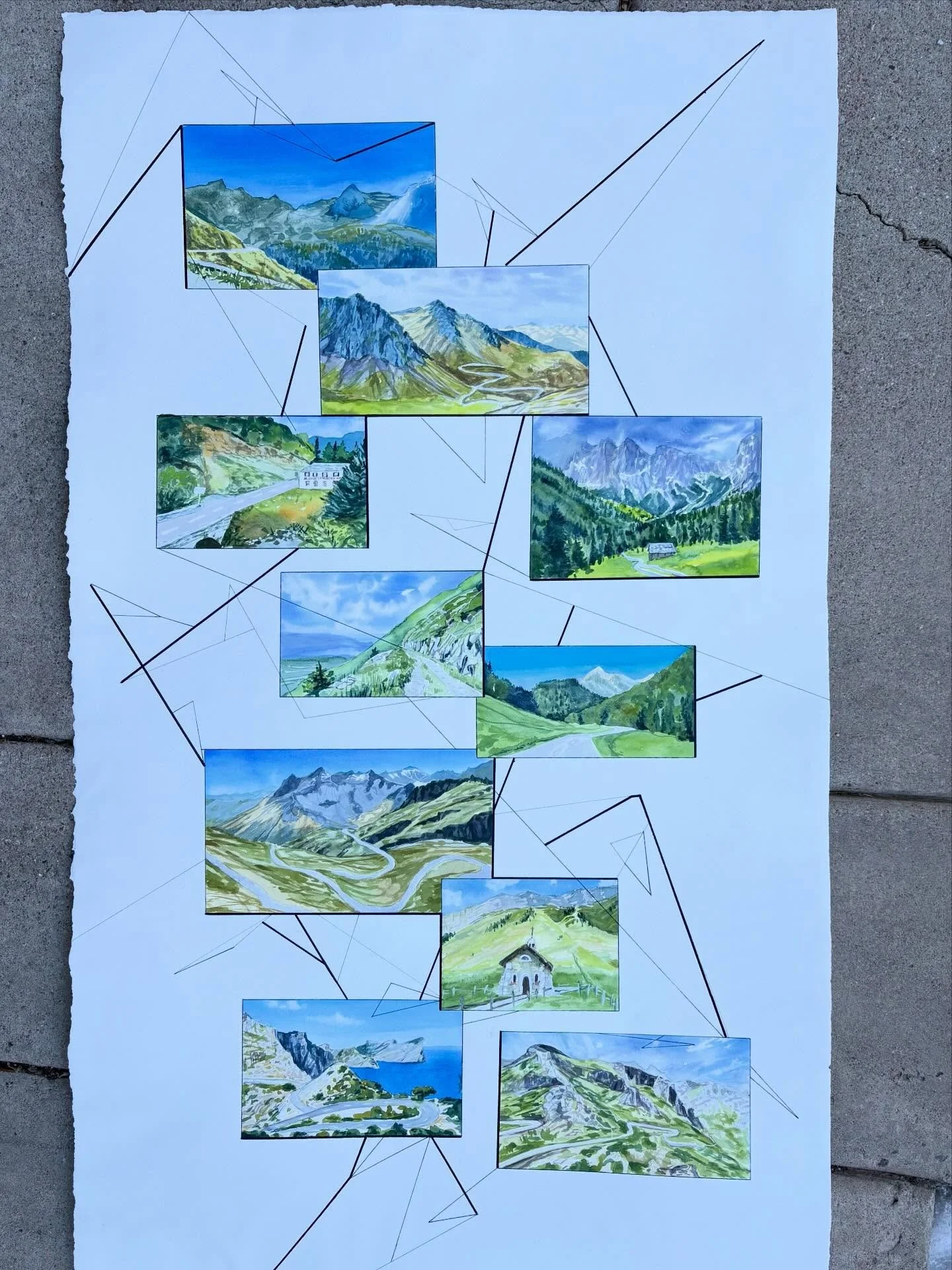 Such a fun commission! Last year before the holidays I got to create this piece for a couple featuring glimpses into their incredible journeys through Europe over the years on a tandem bike! It makes me so happy to get to create a painting that is in