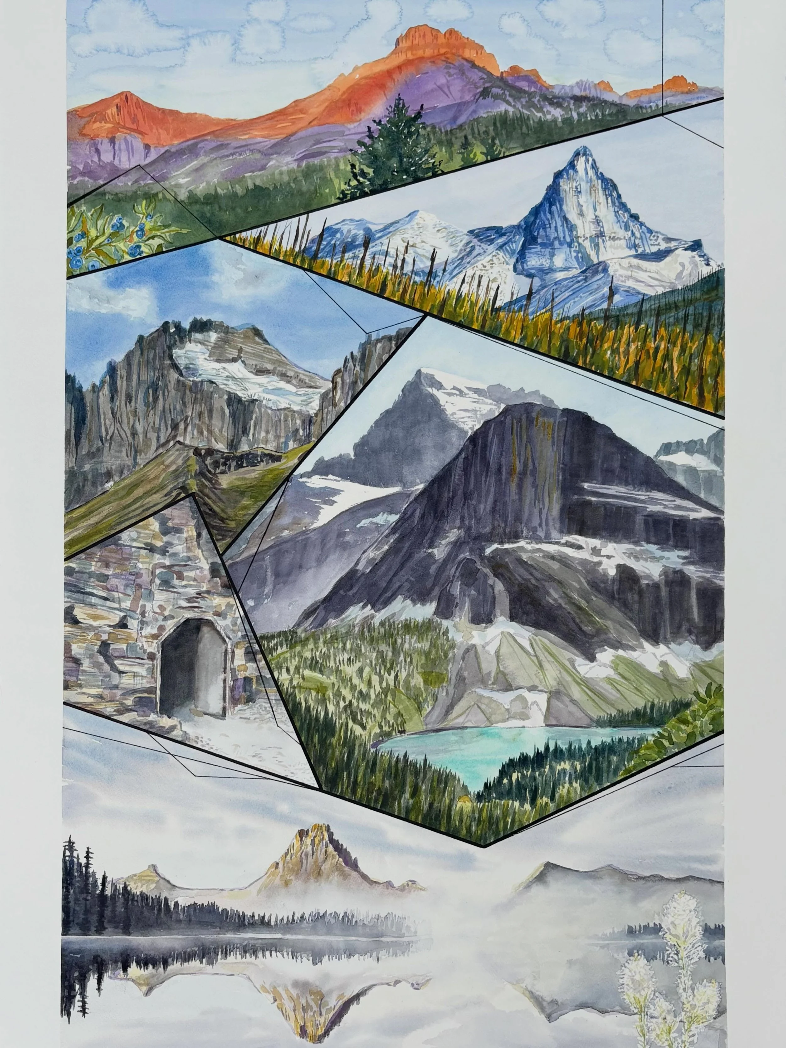 A commission inspired by years of hiking in #glaciernationalpark !! Thank you K for this opportunity! 
Watercolor and ink on paper
24&rdquo;x36&rdquo;
&bull;
Reach out if you are interested in a commissioned piece! 

#commissionedartwork #aspenartist