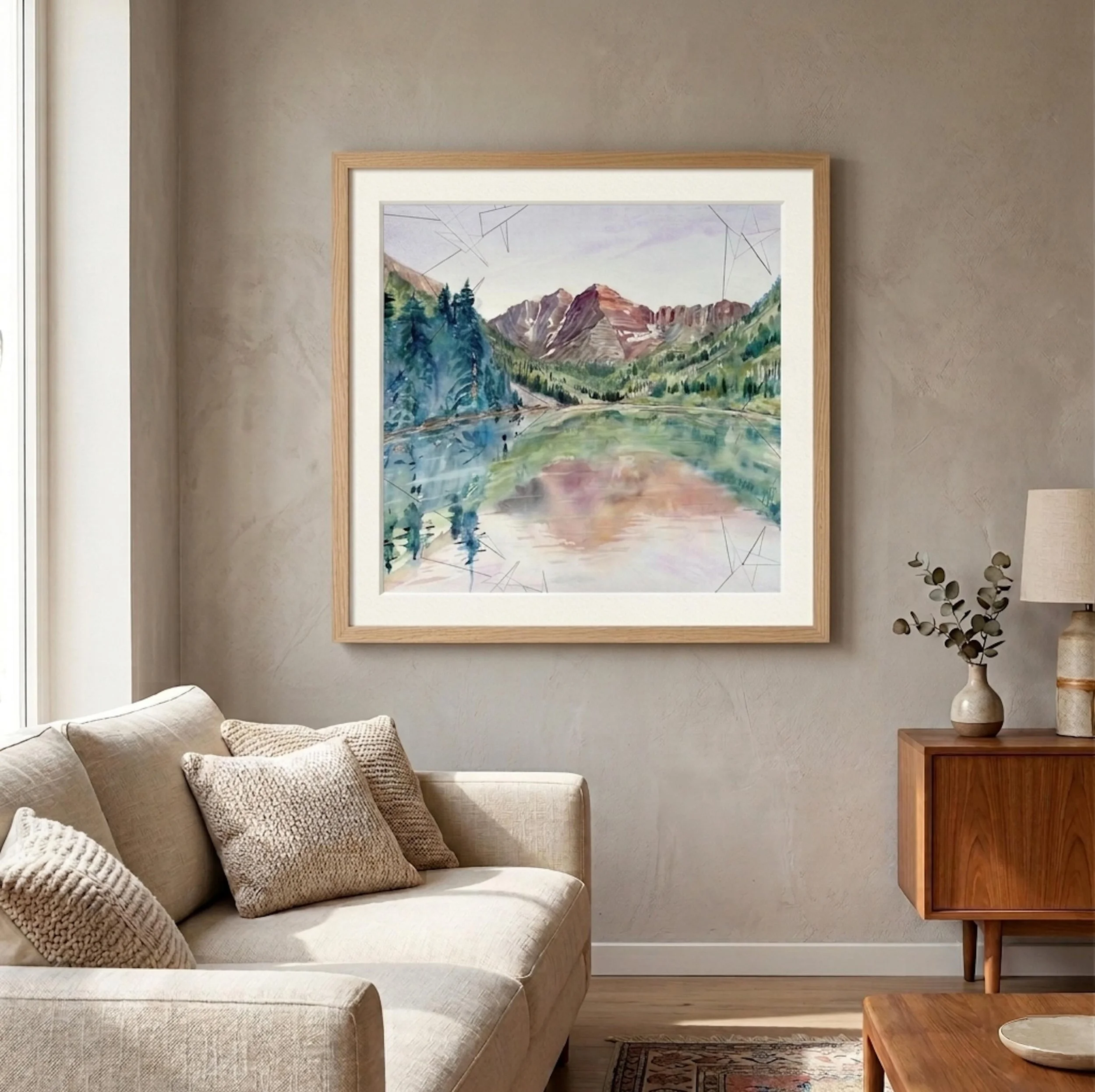 &ldquo;Bells Reflection - Plein air&rdquo;
21&rdquo;x21&rdquo;
Watercolor and ink on paper - created on August 6, 2025 at 6pm on the shore of Maroon Lake. It was an incredible evening!

Original and fine are prints available in my studio and at the A