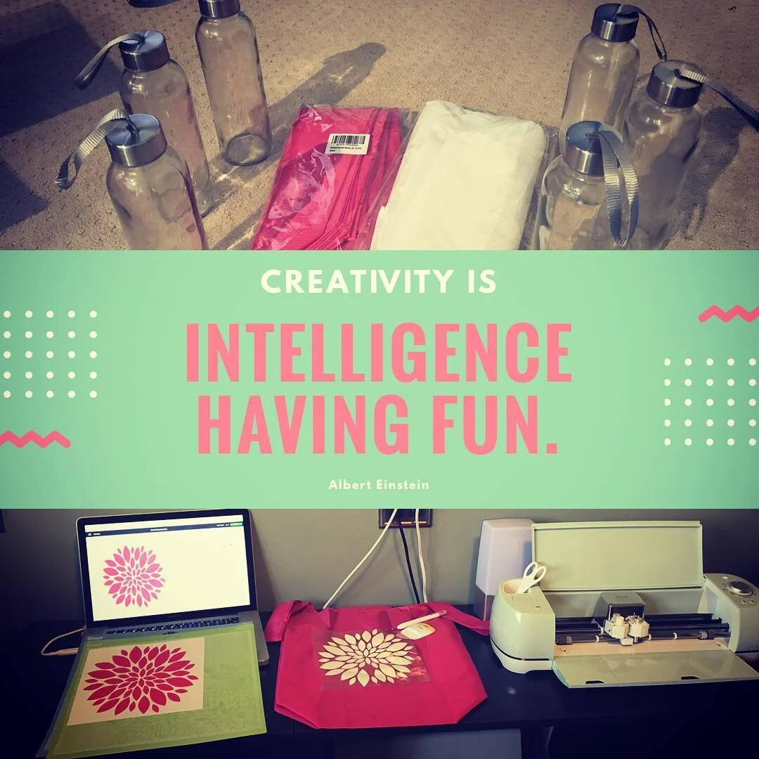 Creativity is intelligence having fun. Albert Einstein - New designs and products are in the works. I'm having fun creating something new! #newproducts #havingfuncreating #lovemycricut #waterbottles #reusableshoppingbags