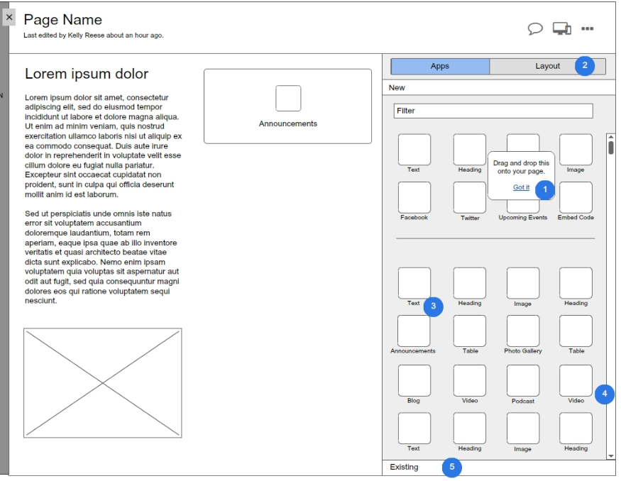 The same page of the updated wireframes with a reorganized design