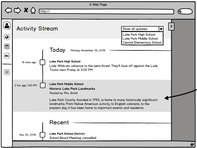A wireframe of the activity stream