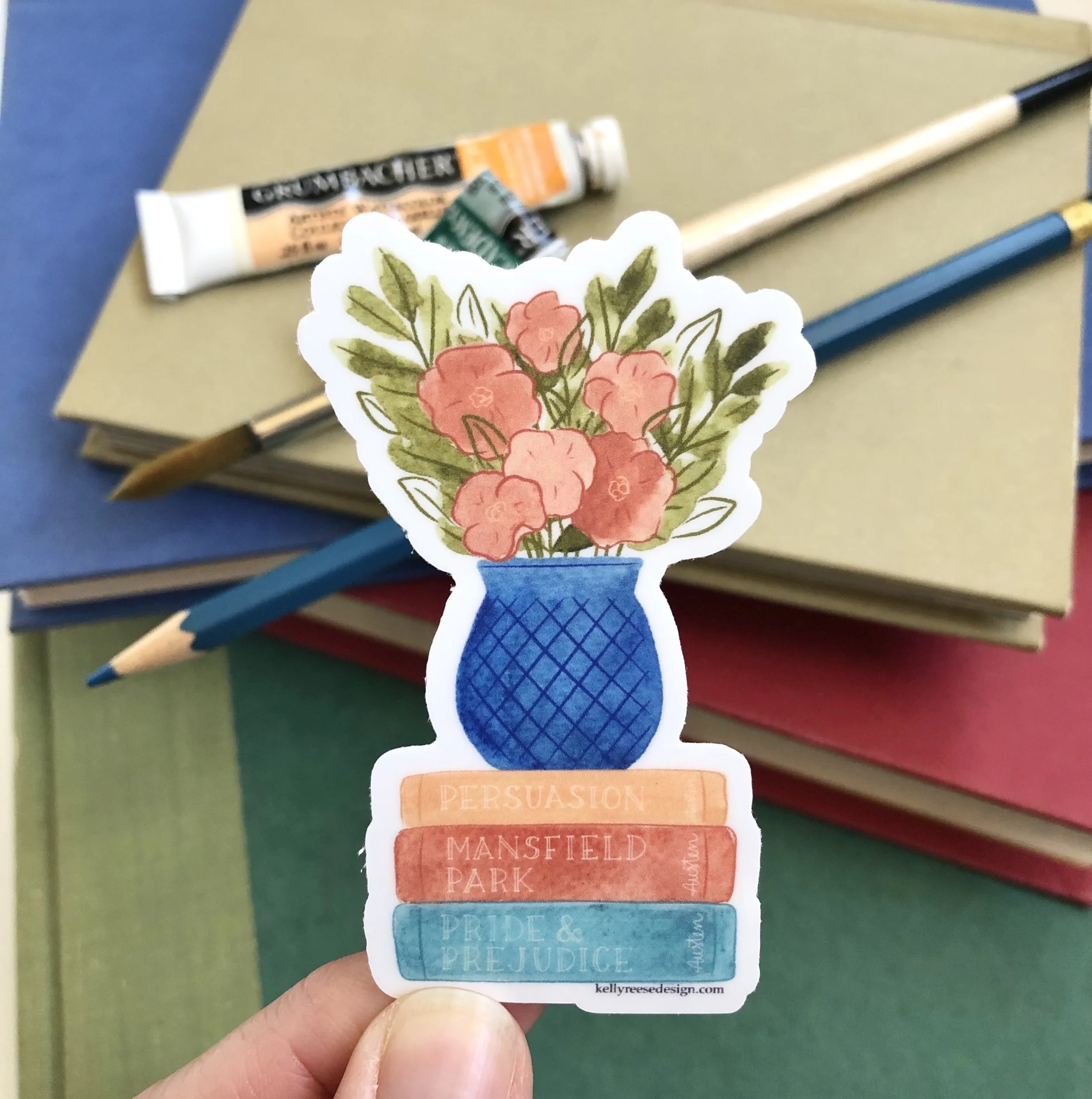 Jane Austen Book &amp; Flower Vase Sticker - $3.95